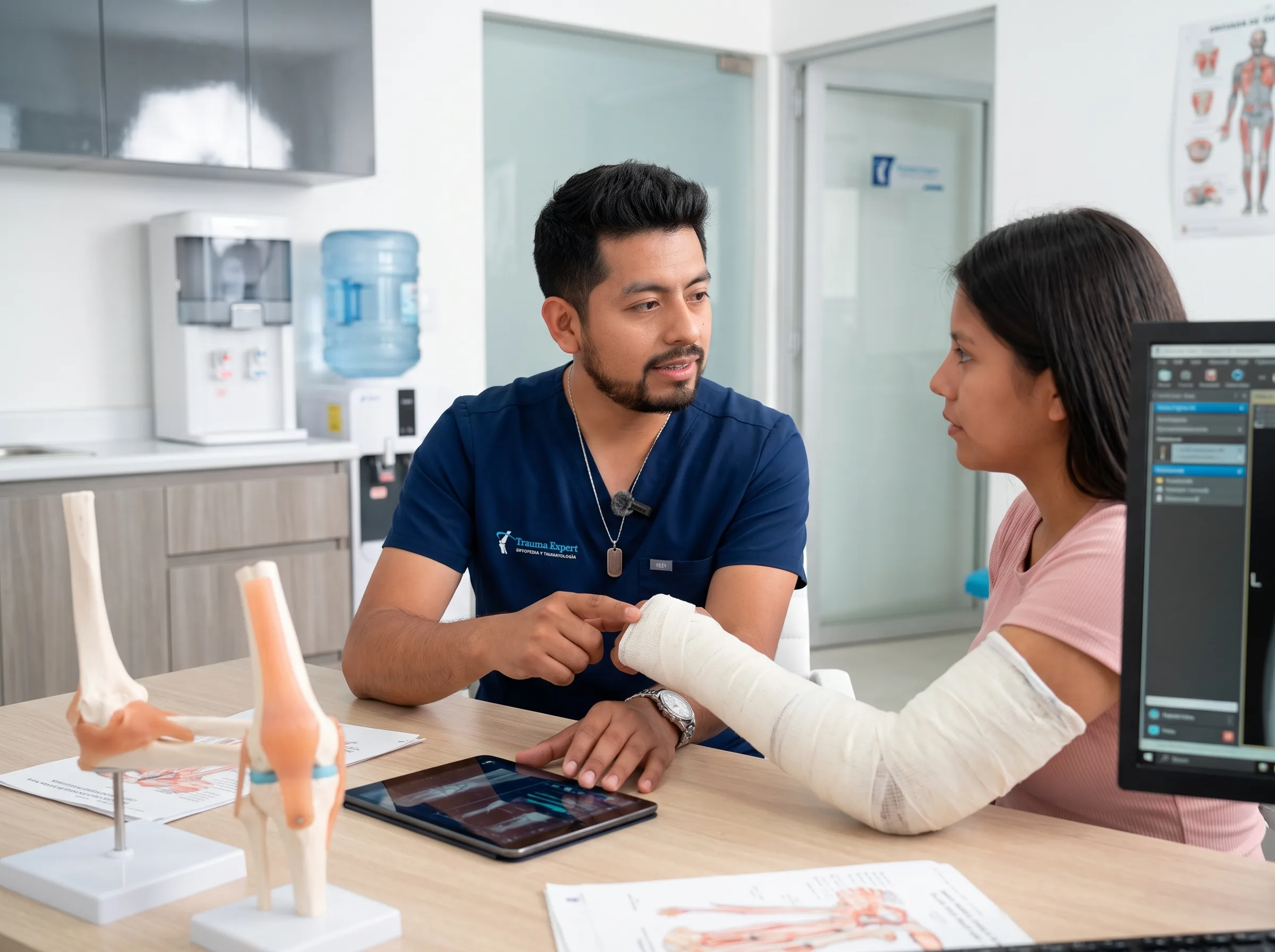 Doctor explicando una fractura de brazo durante una consulta
