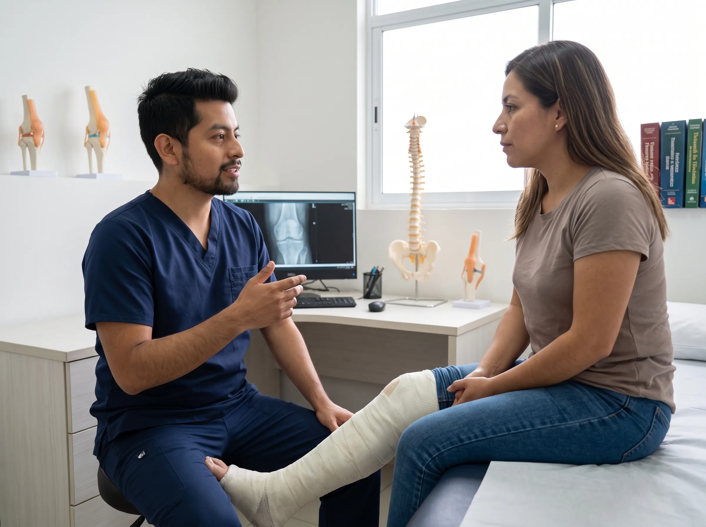 Doctor explicando una fractura de pierna durante una consulta